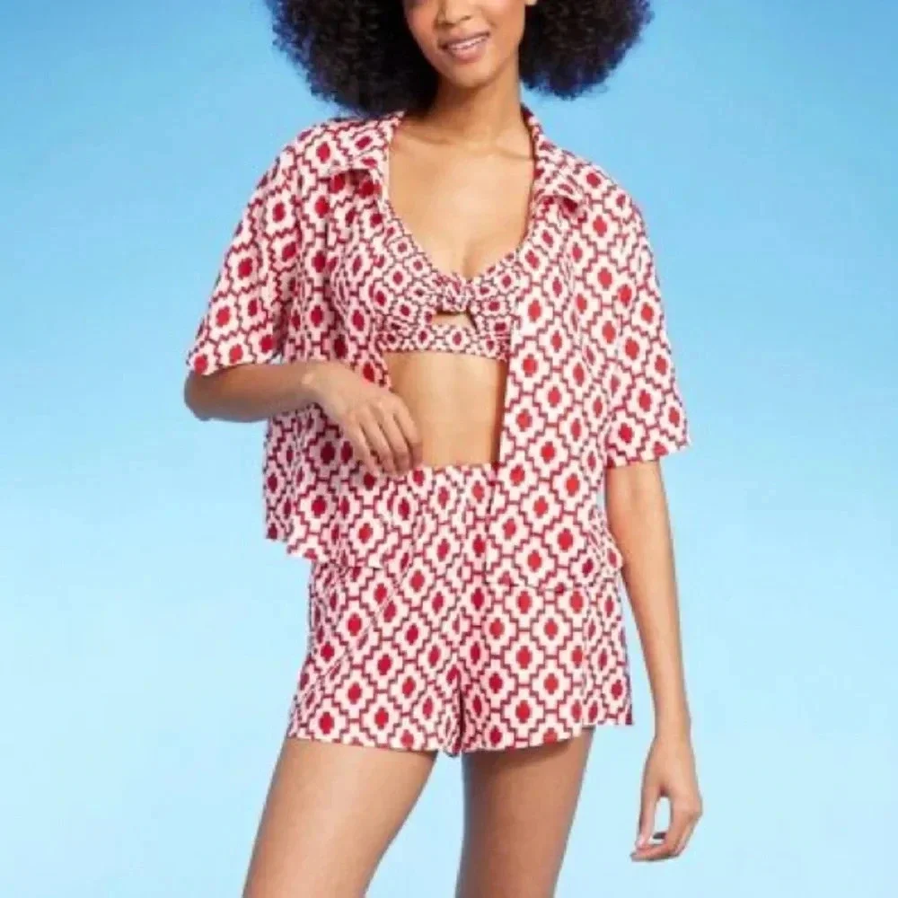 Shade & Shore™ Cropped Button-Up Short Sleeve Cover Up Top - Size XL - Red - NWT